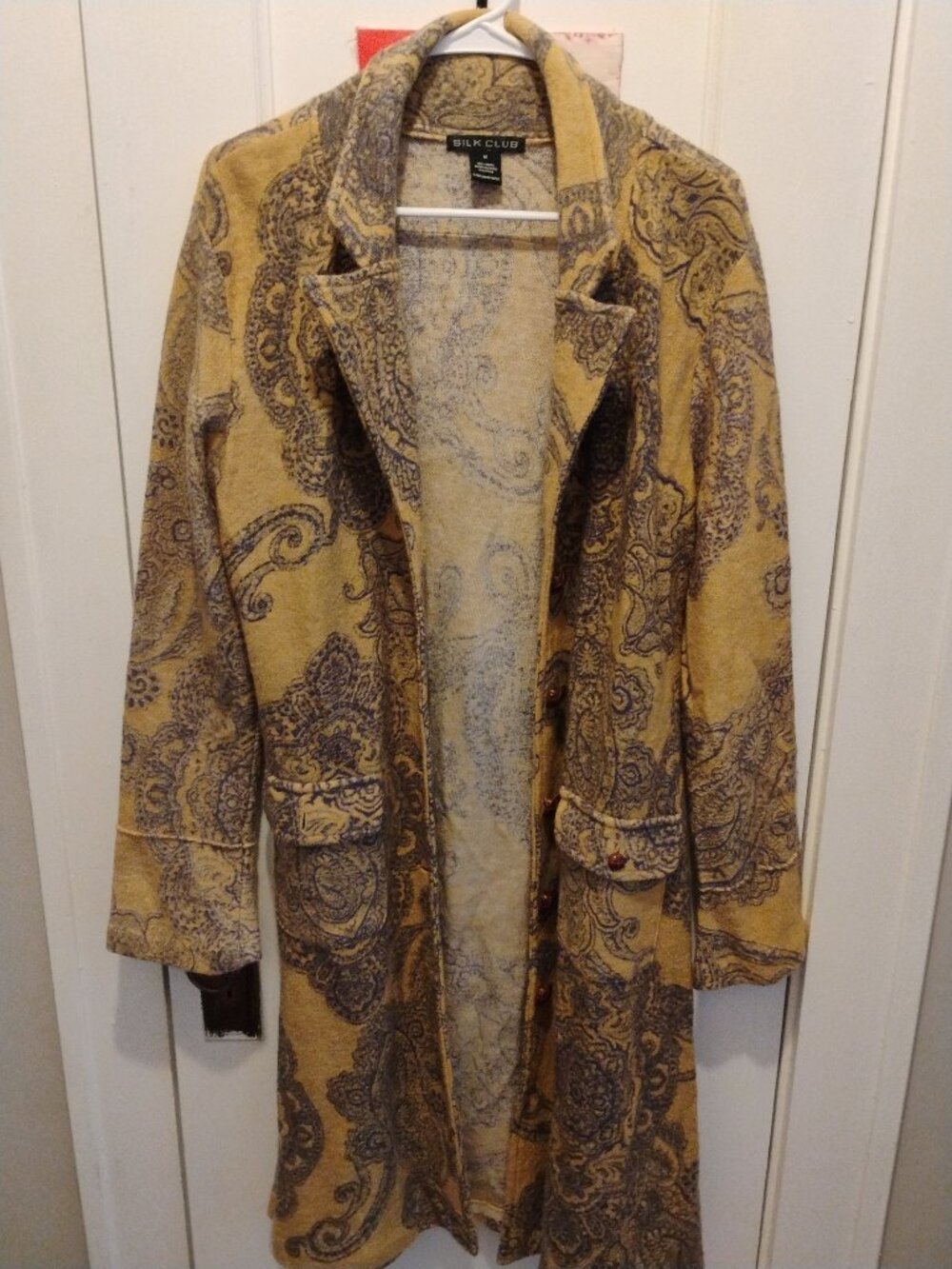 Silk Club Wool Paisley Long Coat Womens M Yellow Mustard Boho Longline Jacket -